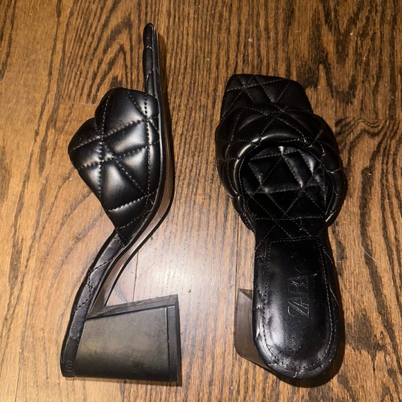 Zara Black Block Heel Quilted Slip on Heels - Picture 3 of 8